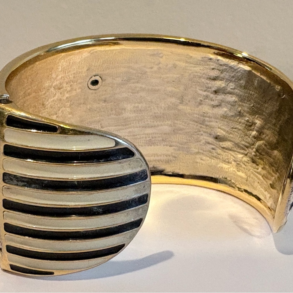 Authentic CHANEL cuff | Gold and Black stripes with Pink gem Accents - Picture 2 of 8
